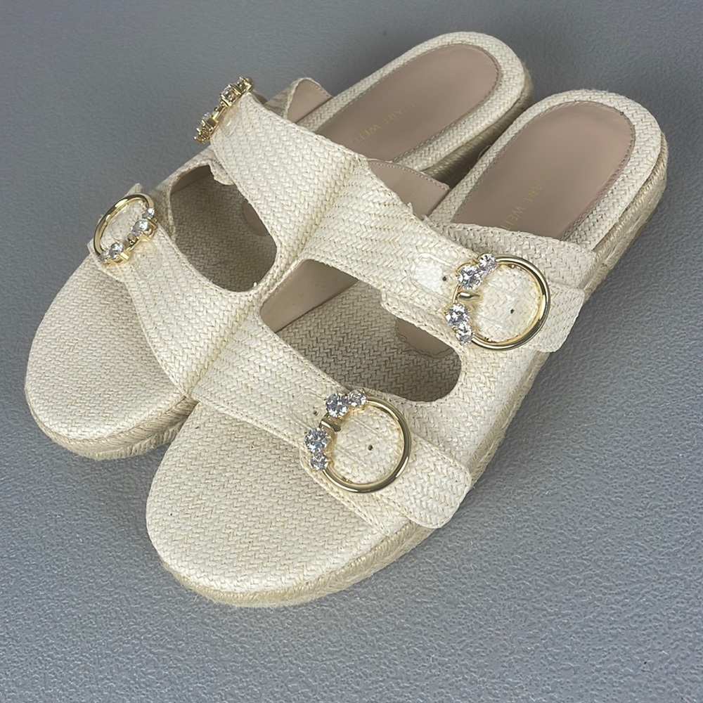 Stuart Weitzman Raffia Crystal Embellished Platform Espadrille Sandal. Size 8.